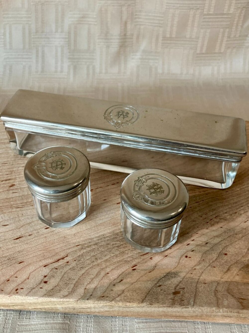 Vintage Silverplate Vanity Set w/ Scottish Buckle Crest and Monogram